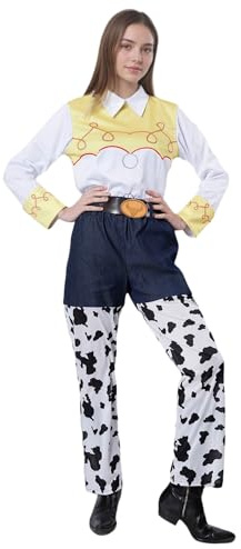 Costume da cowgirl occidentale per Halloween, top retrò con pantaloni in denim patchwork, stampa pelle bovina (L)