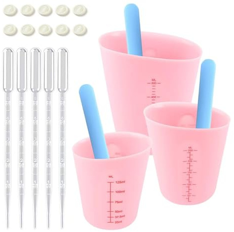 HMCEY 3 PCS Vaso Medidor de Silicona 125/250/500 ML,Taza Medidora para Resina Epoxi,Measuring Cup con Barra de Mezcla, Gotero, Fundas para Dedos,Vaso Medidor Cocina Graduado,Jarra Medidora Bricolaje