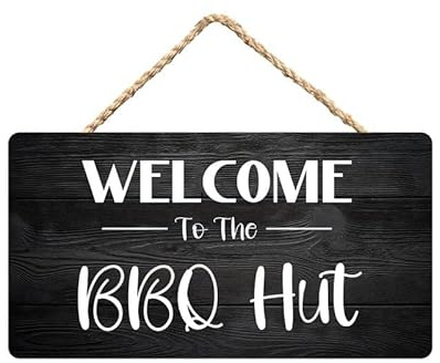 Welcome to The BBQ Hut Wooden Hanging Sign 12X6 Inch - Backyard BBQ & Patio Decor for Hosts, Grilling Space Welcome Art