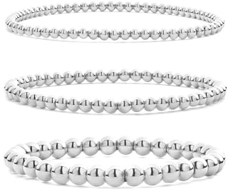 Wassazi Silber Armband Set Damen, Silber Edelstahl Perlen Armbänder mit 3/4/5mm Perlen, 3-teilig Stück Armband, Elastische Armbänder, Schmuck für Damen