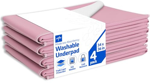 Medline Washable Bed Pads for Incontinence, Large 34 x 36 inch Reusable Underpads, 4 Pack, Pee Pads for Dogs, Adults, Kids and Baby, Pink Sofnit 300