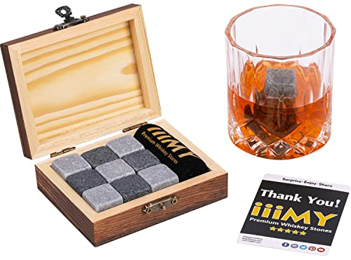iiiMY Whisky Stones Gift Set of 9 Natural Soapstone and Granite Chilling Rocks with Stylish Wooden Box and Free Velvet Pouch - Christmas, Birthday, Fathers Day Gift for Men