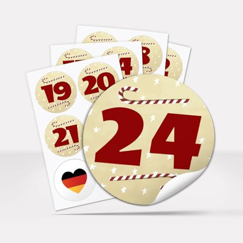 Adventskalender-Zahlen Aufkleber 1 bis 24 / Große Zahlen Vintage Etiketten | Sticker / Weihnachtskalender / Advent / Rund / DIY / zum Aufkleben