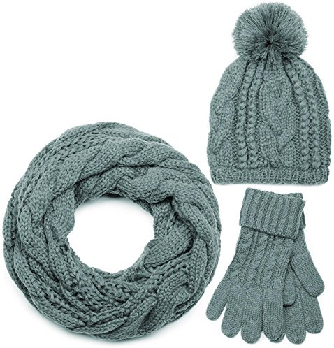 styleBREAKER Schal, Mütze und Handschuh Set, Zopfmuster Strickschal mit Bommelmütze und Handschuhe, Damen 01018208 | 3-Teilig. Schal 185x35cm. Mütze bis 59cm. Handschuhe Umfang 16-21cm. elastisch. winterfest. abgestimmte Kombination.