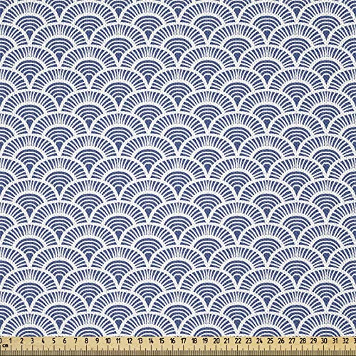 ABAKUHAUS japanisch Stoff als Meterware, Art Deco Skalen Boho, Seidiger Satin Stoff Zum benähen von Heimtextilien, 2M (148x200cm), Weiß Blau