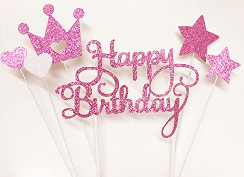 AILEXI Handmade 6 Counts Glitter Cake Decorating Toppers for cupcake and ice-cream - Happy Birthday Glitter Rose Red set