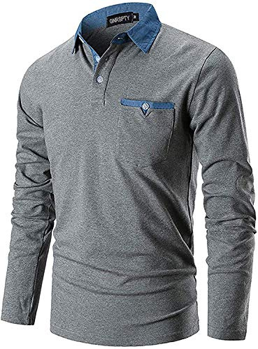 GNRSPTY Polotröja herr långärmad basic denim sy casual bomull golf tennis pikétröjor, GRÅ, XXL