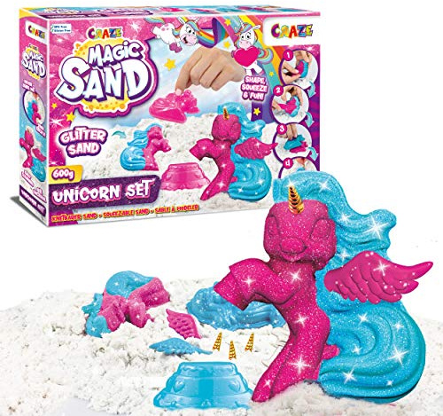 CRAZE MAGIC SAND Unicorn Set | Kinetischer Sand mit Glitzer 600 g, Bastelset Kinder mit Knetsand & Einhorn Formen, dreifarbig Einhorn magischer Sand