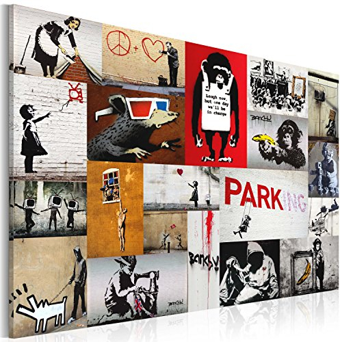 B&D XXL - Akustikbild Banksy Collage Bilder Akustikschaum Hochleistungsschallabsorber Schallschutz Leinwand 1 tlg Wandbild Raumakustik Schalldämmung Graffiti Mural Street Art