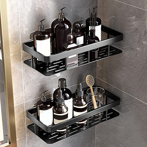Duschhylla, duschhylla om ej kräver borrning hörn, 2 stycken badrumshyllor, badrumshylla i aluminium, duschkorg, badrum arrangör tillbehör matt finish, duschkorgar och duschhyllor (svart)