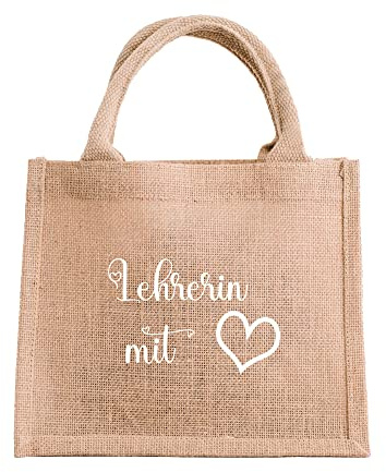 DRUC KLAUS Jutetasche „Lehrerin mit Herz“ – als Dankeschön für die Lehrerin, Abschiedsgeschenk, Mottotasche. (Weiß)