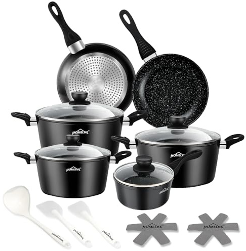 HOMELUX 15tlg Topfset Induktion Aluminiumguss Antihaft Töpfe Set,Schwarz | Induktion,Antihaftbeschichtung,Mit Deckel, PFOA frei, Für alle Herde