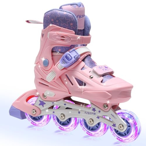 OLYSPM Patines en Linea Niña Rosa-Violeta,4 Tamaño Ajustable Patines Niña con 8 Ruedas Luminosas para Principiantes Adultos en Exteriores e Interiores