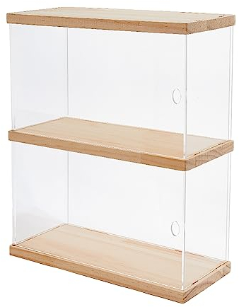 SUPERFINDINGS Vetrina Trasparente in Acrilico 2 piani Scatola Organizzatrice con Base in Legno,25.4x11.6x29.6cm Scatola di Stoccaggio per Collezione Oggetti,Espositore da Tavolo per Espositori Modelli