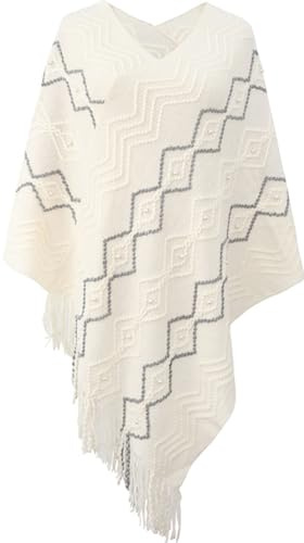 Ponchos Mujer Punto Invierno Otoño Invierno Cuello en V Punto con Flecos Elegante Irregular Capas de Punto Poncho Perlas de La Capa de Las Rayas,Beige