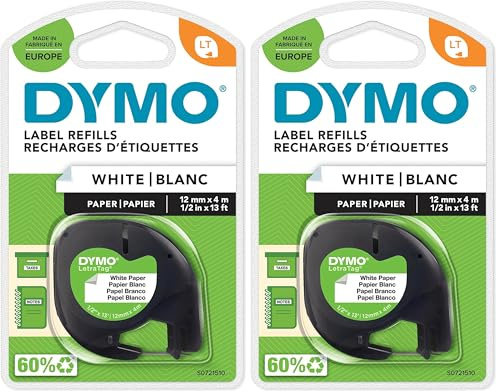 DYMO Original LetraTag Papier Etikettenband | schwarz auf weiß | 12 mm x 4 m | selbstklebendes Papier Schriftband | für LetraTag-Beschriftungsgerät (Packung mit 2)