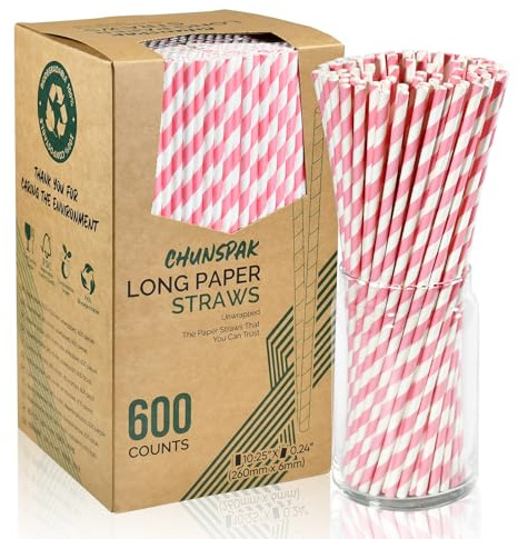 Extra Lange Einweg Papierstrohhalme, Rosa und Weiß Gestreift, 26 x 0,6 cm, 600 Stück – zum Trinken, für Geburtstage, Partys, Dekorationen, Bars, Restaurants
