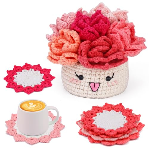 ENCHOL Häkelset für Anfänger – 6 handgefertigte Untersetzer in einem Blumentopf, Häkel-Startset, komplettes Anfänger-Häkelset mit Garn, Zubehör, Schritt-für-Schritt-Video-Tutorials für erwachsene