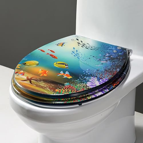 Dazzluxe 16,5-Zoll-Toilettensitz Aus Kunstharz, Runder WC-Deckel Mit Absenkautomatik Und Schnellverschluss, Robuste WC-Sitze Mit Meeresleben-Muster, WC-Sitzbezug Aus Acryl, Ocean-Serie