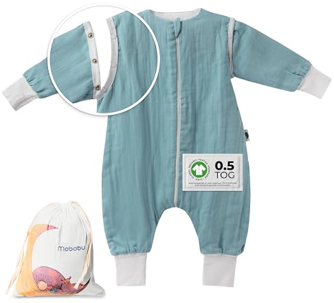 Mababu – Schlafsack mit Füßen 0 5 TOG – Musselin Sommerschlafsack Baby aus 100% GOTS Bio Baumwolle – Umklappbare Bündchen, abnehmbare Ärmel & YKK Reißverschluss – Babyschlafsack Unisex Größen 70-110cm