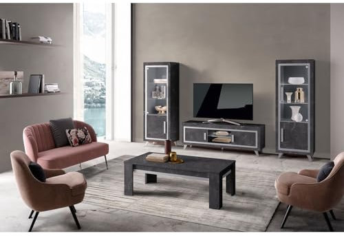 AltoBuy GUEDA - Ensemble Salon Complet Effet Marbre Anthracite Meuble TV et Vitrines avec LEDs + Table Basse