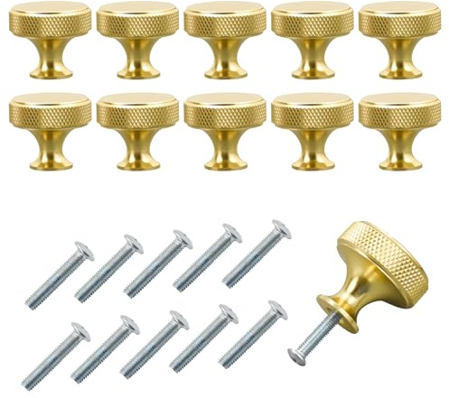 Coriver Cabinet Knobs,10 Pack Gold Matte Drawer Knobs, Round Wardrobe Knobs, Door Kitchen Hardware Cupboard Knobs with Screws Handles, Cabinet Knob for Home Drawer Dresser Cupboard and Wardrobe
