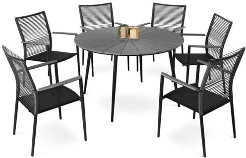 di volio Gartenmöbel-Set Essgruppe Aluminium Polyrattan Textilene Arona | Runder Tisch, höhenverstellbare Standfüße, stapelbare Stühle mit Armlehnen, pflegeleicht, UV-beständig, 6 Sitzplätze