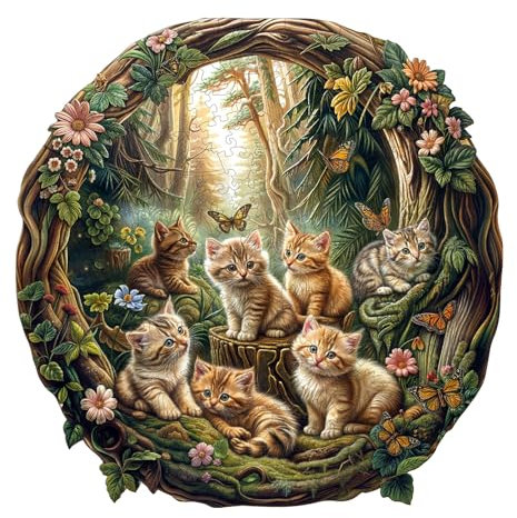 Holzpuzzle Erwachsene, Niedliche Kätzchen Holzpuzzle, Unregelmäßige Einzigartige Form Puzzleteile, Exquisite Geschenkverpackung, Geburtstagsgeschenk für Erwachsene und Kinder(L-34 * 33.9cm-300 Stück)