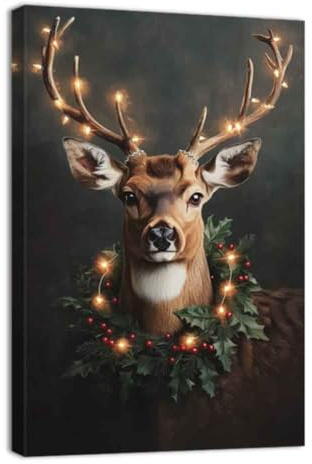 ZQQART Weihnachts Leinwandbild Rentier Malerei Drucke Tier Hirsch Gemälde Wanddekoration Winter Poster Drucke Weihnachts Heimdekoration gerahmt(Braun,30x45cm)