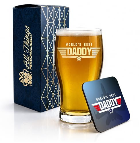 All Things Personalised Engraved Pint Glass and Coaster Gift Set with Top Daddy, Present for Him, Fathers Day, Gift Boxed, MDF Drinks Coaster, Beer Gift