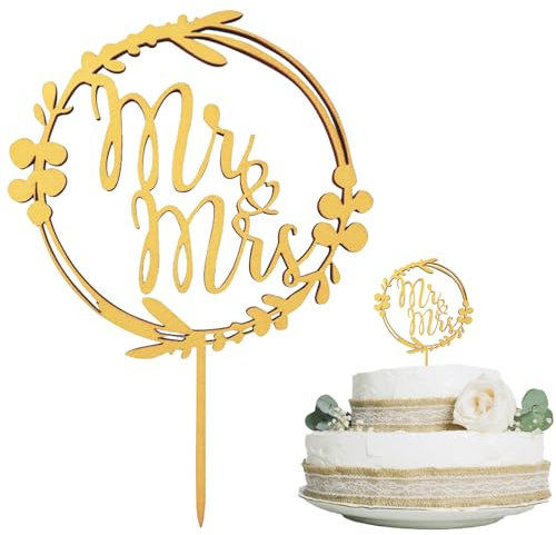 WOLMIK Karen's Cake Toppers Décoration de gâteau de mariage en bois Mr & Mrs Doré