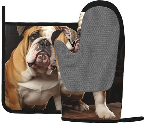 Ofenhandschuhe und Topflappen aus Silikon, 2 Stück, Englische Bulldogge, Ofenhandschuh und Topflappen, hitzebeständige Grillhandschuhe, heiße Pads, Kochhandschuhe für Küche, Backen, Grillen