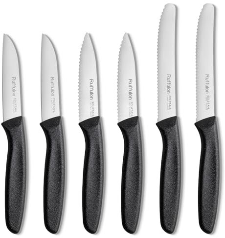 Ruffulon Paring Knife,Set of 6,Premium Kitchen Knife Sets,Stainless Steel Straight Edge&Serrated Knife,Black Paring Knifes,Extra Sharp Vegetable&Fruit Knive,Sturdy PP Handle Kitchen Knives Set