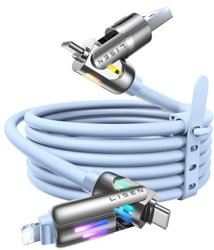 LISEN iPhone Kabel, Schnellladekabel, 1,8 m, 4-in-1-Ladekabel mit Licht, USB-A/C auf C/L, Multi-Ladekabel für iPhone 16, 15, 14 Pro Max/MacBook/iPad Pro/Samsung S25, Himmelblaues iPhone-Kabel