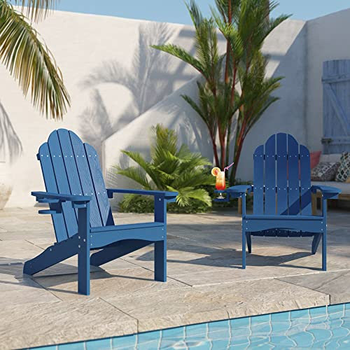 LUE BONA Adirondack Stuh 2er-Set,Gartenstuhl mit Rückenlehne und Armlehnen,Terrassenstuhl Balkonstuhl Stühle,HDPS,Gartensessel mit Getränkehalter,Ergonomischer,89 x 76 x 92cm,Dunkel Blau