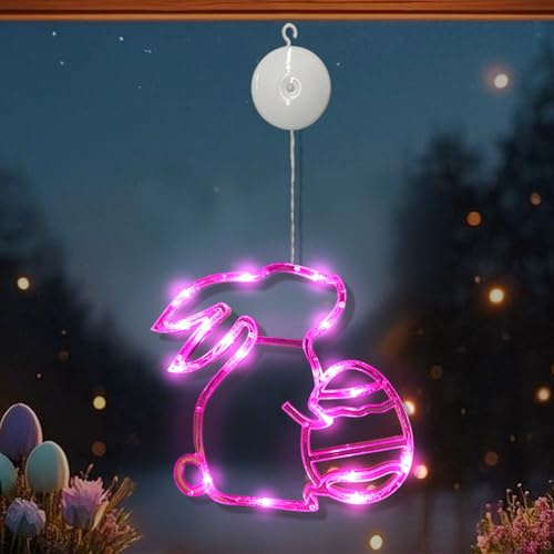 ACAREY Osterdeko Fenster Licht, Ostern Hase Ostereier zum Aufhängen Lichterkette mit Saugnapf, Fenster Deko Lichterkette Batteriebetrieben, Ostern Fensterlicht für innen Schlafzimmer Deko (Lila)