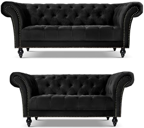 Bravich Cambridge Chesterfield Velvet Sofa Set, Black 2 and 3 Seater Settee Suite for Living Room Furniture, Button Back with Rolled Arms, Solid Wood Frame, 2 Piece Collection