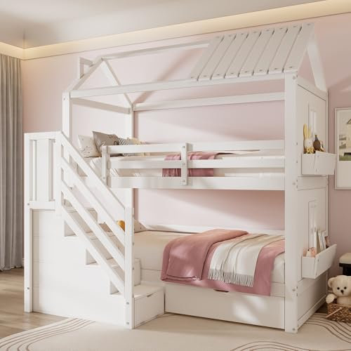 I0I&I0I Etagenbett Kinder 90x200 cm – Hochbett mit Stauraumtreppe, Schubladen & Regalen – Massivholz Kiefer + MDF – Platzsparend & stabil – Sicher mit Geländer (Weiß)
