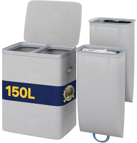 BAKAJI Cesto Portabiancheria Sporca a 2 Scomparti, Cestino Doppio in Poliestere con Sacchi Estraibili per Biancheria e Bucato con Maniglie, Coperchio Antiodore, 56 x 40 x 67 cm (Grigio)