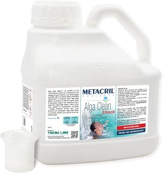 Metacril Alga Clean Shock + Bicchierino Dosatore Graduato, Elimina le Alghe, Non Schiumogeno, Azzurrante e Schiarente, per Piscina e Spa Idromassaggio - 3 LT