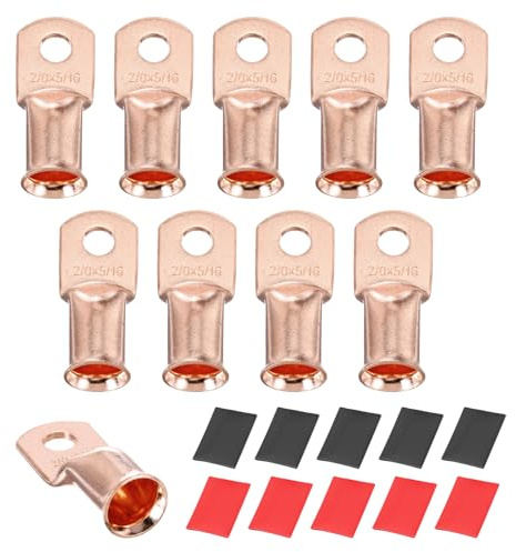 sourcing map 10pcs 2/0 AWG M8 Battery Lugs Ring Terminals, 5/16 8mm Stud Crimp Wire Terminal Connector End Copper, 3:1 Heat Shrink Tubing, Gold
