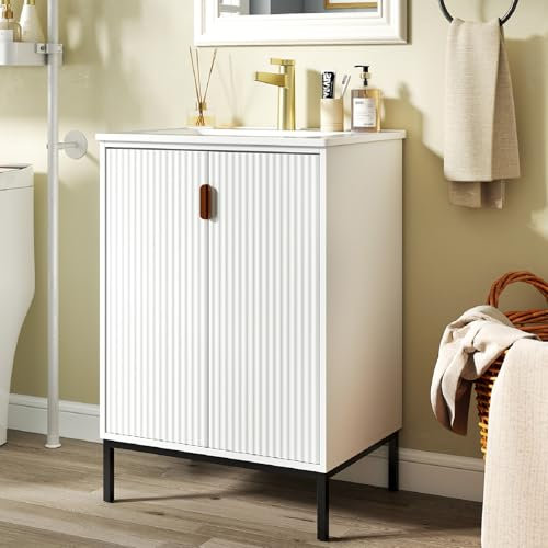 COSTWAY Bathroom Vanity Unit with Basin, 600mm Floor Standing Bathroom Sink Cabinet with Adjustable Shelf and 2 Doors, Metal Legs Cloakroom Vanity Ceramic Wash Basin Under Sink Storage Cabinet, White