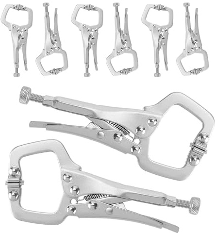SENJEOK 8 PCS Small C Clamp Pliers, 5 Inch Adjustable Welding Locking Clamp Mole Grip with Swivel Pads for Uneven Surfaces and Angled Work, Silver