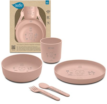 Nuvita 8465 Set Pappa in Bioplastica – Piattino, Ciotola, Tazza e Posate in PLA Biodegradabile – Lavabile in Lavastoviglie, adatto per Microonde, Atossico, Senza BPA e Ftalati – 6 Mesi+ - English Rose