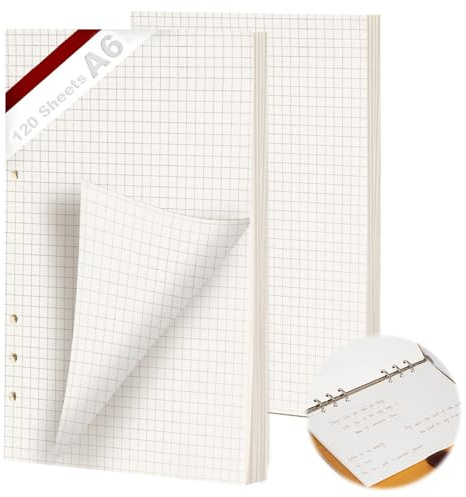 KINETOX Confezione da 2 fogli di carta a quadretti formato A6, 120 fogli di carta a quadretti, raccoglitore ad anelli a 6 anelli, inserto di ricambio per planner, diari, album da disegno, planner.