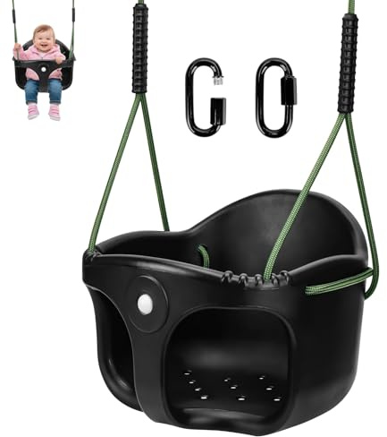 Yyiwhmy Balançoire en plastique pour enfant - Dossier haut - Seau complet - Avec corde réglable et 2 mousquetons - Siège de balançoire de jardin - Accessoires - Noir - Capacité de 90 kg