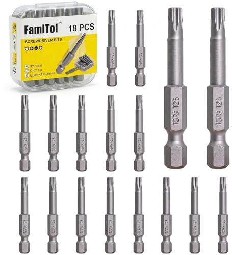 FamlTol 18 Pièces T25 Embout Torx 50 mm Embouts de Vissage Magnétiques en Acier S2 pour Outils Électriques Électronique Appareils Ménagers et Réparation Automobile | Tournevis cruciforme en acier S2 à couple élevé - Embout hexagonal de 6,35 mm - Magnétique - Montage de terrasse