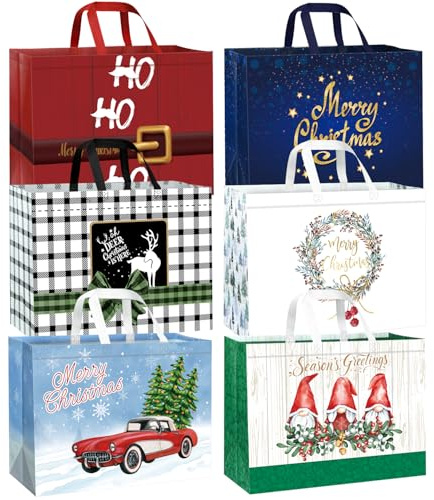 DECHISY12 Stück Geschenktüten Weihnachten Groß, Non Woven Weihnachtstüten mit Griffen, Große Weihnachtstüten XXL, Wiederverwendbare, Perfekt für Weihnachts und Neujahrsdekorationen, 42 x 32.5 x 18 cm