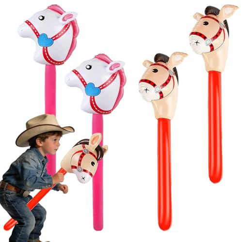 4 Stück Aufblasbares Pferd Aufblasbares Stabpferd,Pferde Requisiten, Hobby Horse, Steckenpferd Aufblasbare,für Geburtstag Fasching Karneval Halloween Motto Party Geschenk Requisiten