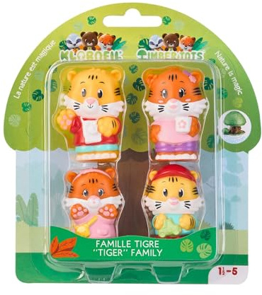 Les Klorofil – Famiglia Tigre – Figure morbide giocattolo d'immaginazione a partire da 18 mesi – Set di 4 personaggi – Figurine animali da collezione compatibili con l'universo Klorofil – Gioco di